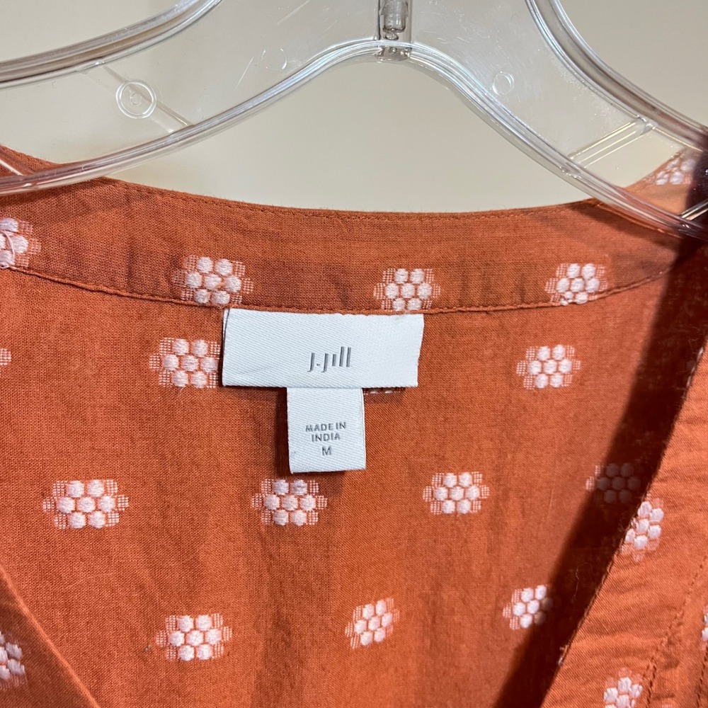 J. Jill Shirt Blouse Top Orange White Embroidered Pintuck V Neck Button Up Med - Picture 5 of 6